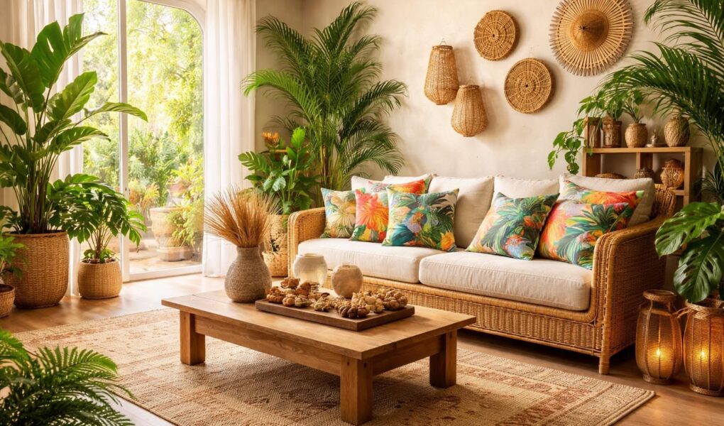 découvrez nos idées pour un salon style exotique et évadez-vous sans quitter votre canapé grâce à une décoration inspirée des tropiques.