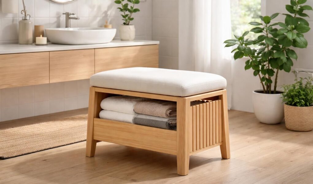 découvrez notre tabouret à linge de salle de bain, alliant confort d'assise et espace de rangement pratique pour optimiser votre salle de bain avec style.