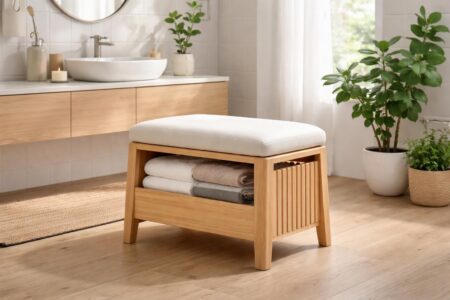 découvrez notre tabouret à linge de salle de bain, alliant confort d'assise et espace de rangement pratique pour optimiser votre salle de bain avec style.