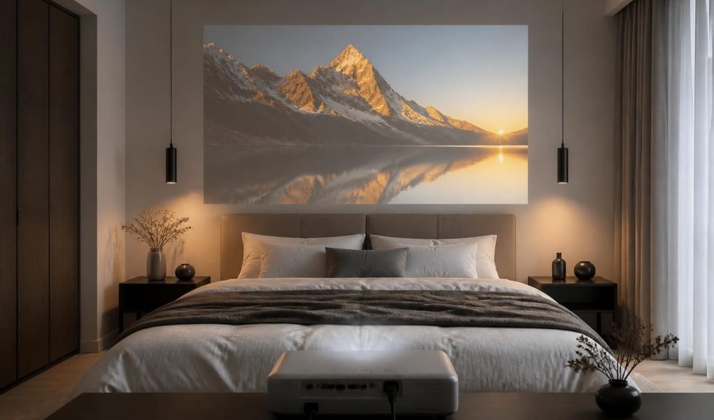 découvrez une chambre moderne avec une tête de lit équipée d'un vidéoprojecteur epson avant découpe, alliant design et technologie pour une expérience immersive unique.