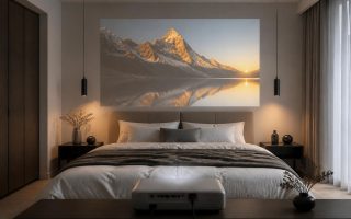 découvrez une chambre moderne avec une tête de lit équipée d'un vidéoprojecteur epson avant découpe, alliant design et technologie pour une expérience immersive unique.
