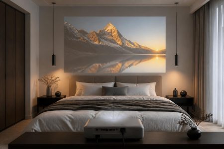 découvrez une chambre moderne avec une tête de lit équipée d'un vidéoprojecteur epson avant découpe, alliant design et technologie pour une expérience immersive unique.