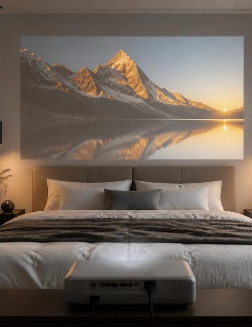 découvrez une chambre moderne avec une tête de lit équipée d'un vidéoprojecteur epson avant découpe, alliant design et technologie pour une expérience immersive unique.