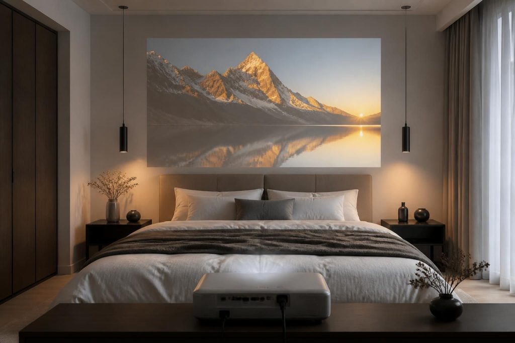 découvrez une chambre moderne avec une tête de lit équipée d'un vidéoprojecteur epson avant découpe, alliant design et technologie pour une expérience immersive unique.