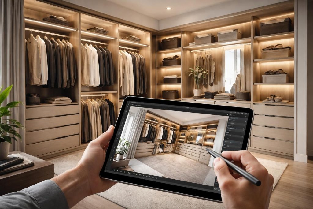 découvrez un dressing sur-mesure optimisé grâce à une tablette tactile microsoft pour un rangement personnalisé et pratique.