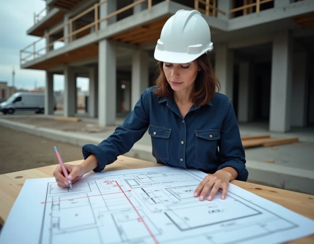 Architecte sur chantier consultant des plans techniques avec des calculs de hauteur de surbot béton annotés