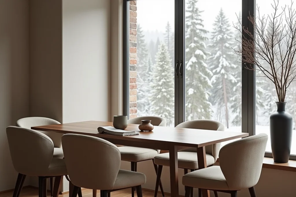 Coin salle à manger scandinave avec vue sur forêt enneigée, table en chêne fumé et chaises en bouclé crème