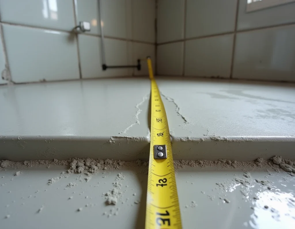Vue en coupe d'un surbot béton dans une salle de bain avec un mètre ruban indiquant l'épaisseur de la chape