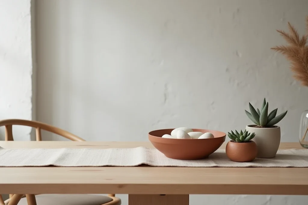 Détail de décoration de table nordique avec bol en céramique terracotta, galets blancs et coureur en lin sur fond de mur gris craie