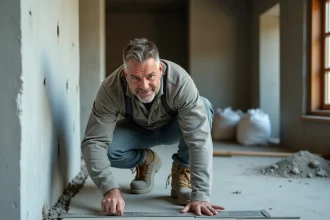 Ouvrier mesurant l'épaisseur d'un surbot béton avec une règle métallique sur un chantier de construction intérieur
