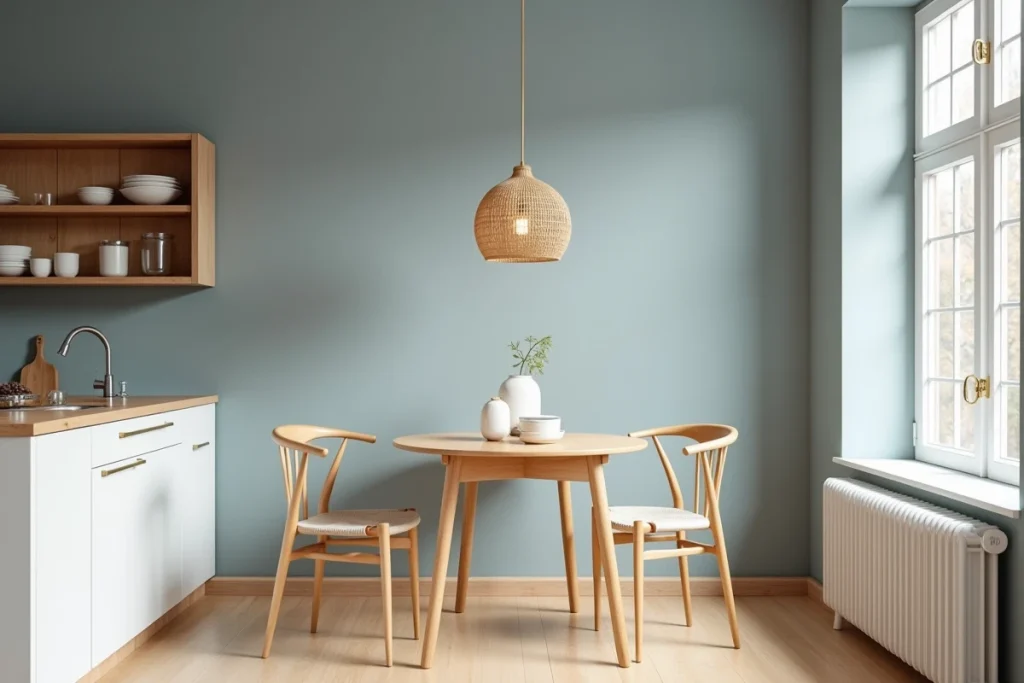 Salle à manger ouverte sur cuisine de style scandinave avec murs bleu-gris, table ronde en bouleau et étagères en bois