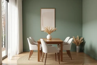 Salle à manger zen d'inspiration nordique avec murs vert sauge, table en chêne massif et chaises en lin ivoire