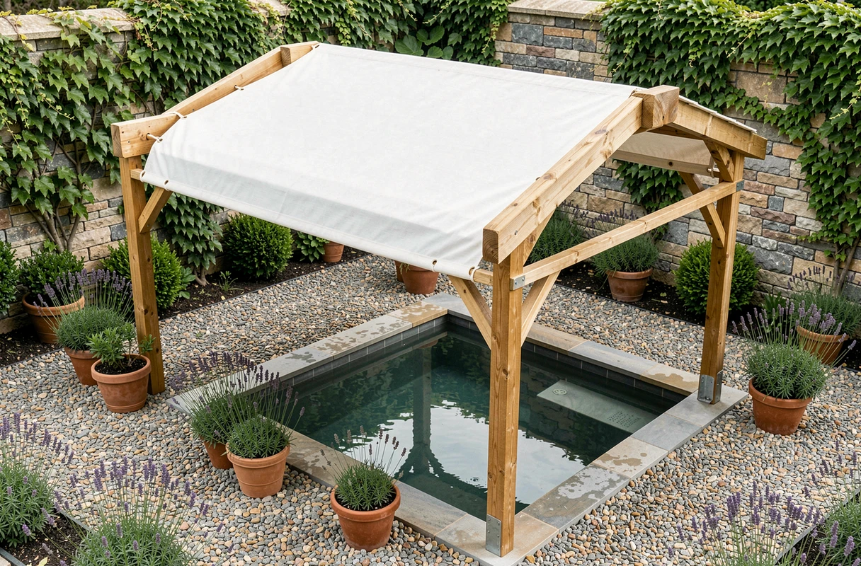 Abri DIY en bois et toile tendue au-dessus d'une petite piscine de jardin avec gravier et lavande