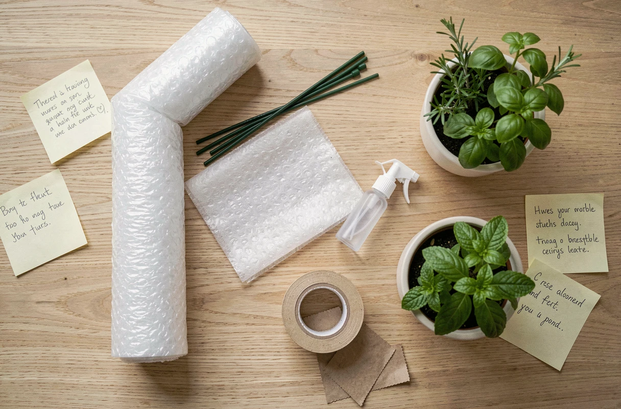 Vue de dessus des accessoires et fournitures pour emballer et transporter des plantes lors d'un déménagement