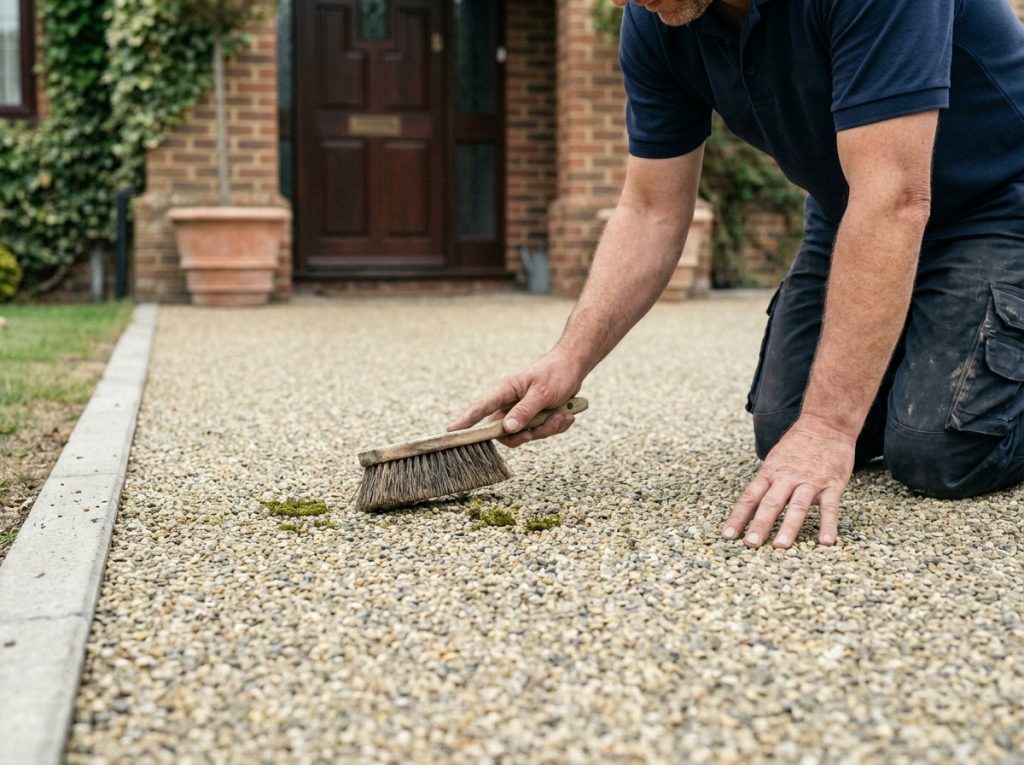 Homme entretenant une allée en gravier résine avec une brosse, surface propre et soignée devant une maison en briques