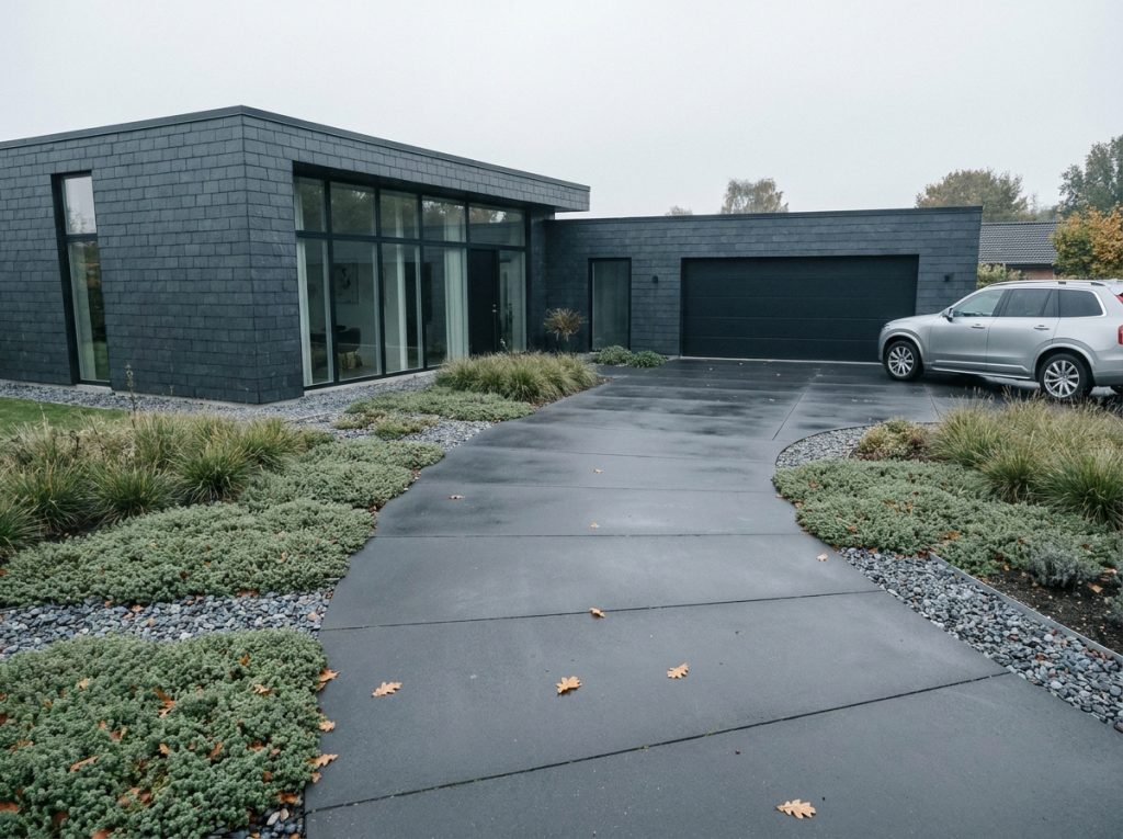 Allée de maison moderne en dalle béton anthracite entourée de végétaux couvre-sol, aspect soigné et facile à entretenir