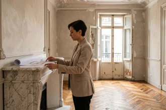 Architecte d'intérieur examinant des plans dans un appartement haussmannien en cours de rénovation à Lyon