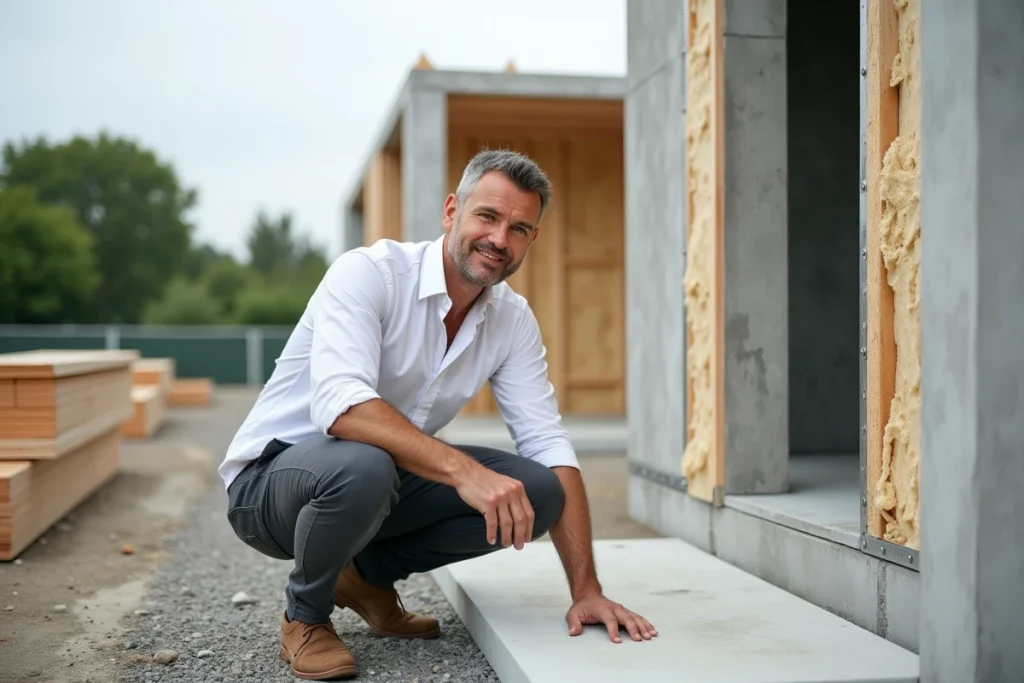 Architecte inspectant des matériaux économiques sur le chantier d'une maison plain pied de 100m2