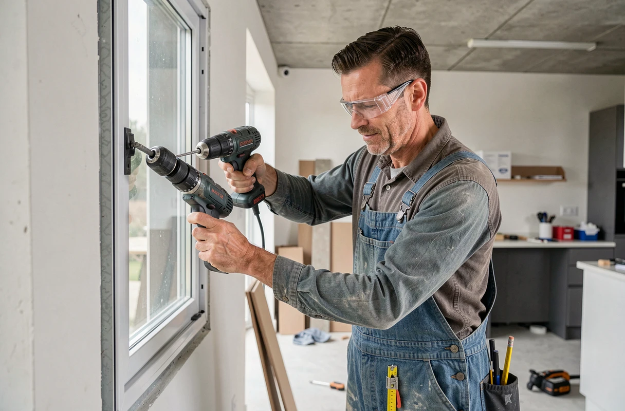 Artisan installant une verrière intérieure en acier et verre dans une maison contemporaine en rénovation
