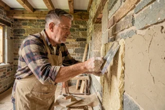 Artisan appliquant un enduit isolant naturel chanvre-chaux sur un mur en pierre dans une maison ancienne en cours de rénovation écologique