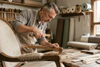 Artisan tapissier fixant des semences traditionnelles sur un fauteuil Voltaire en bois dans un atelier de tapisserie