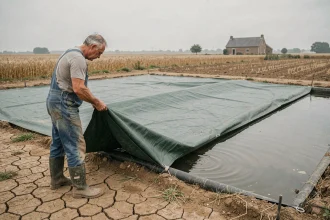 Agriculteur déployant une bâche verte sur un bassin d'irrigation pour limiter l'évaporation de l'eau en milieu rural