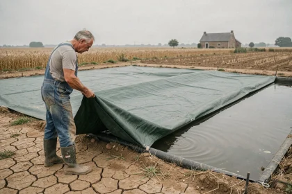 Agriculteur déployant une bâche verte sur un bassin d'irrigation pour limiter l'évaporation de l'eau en milieu rural