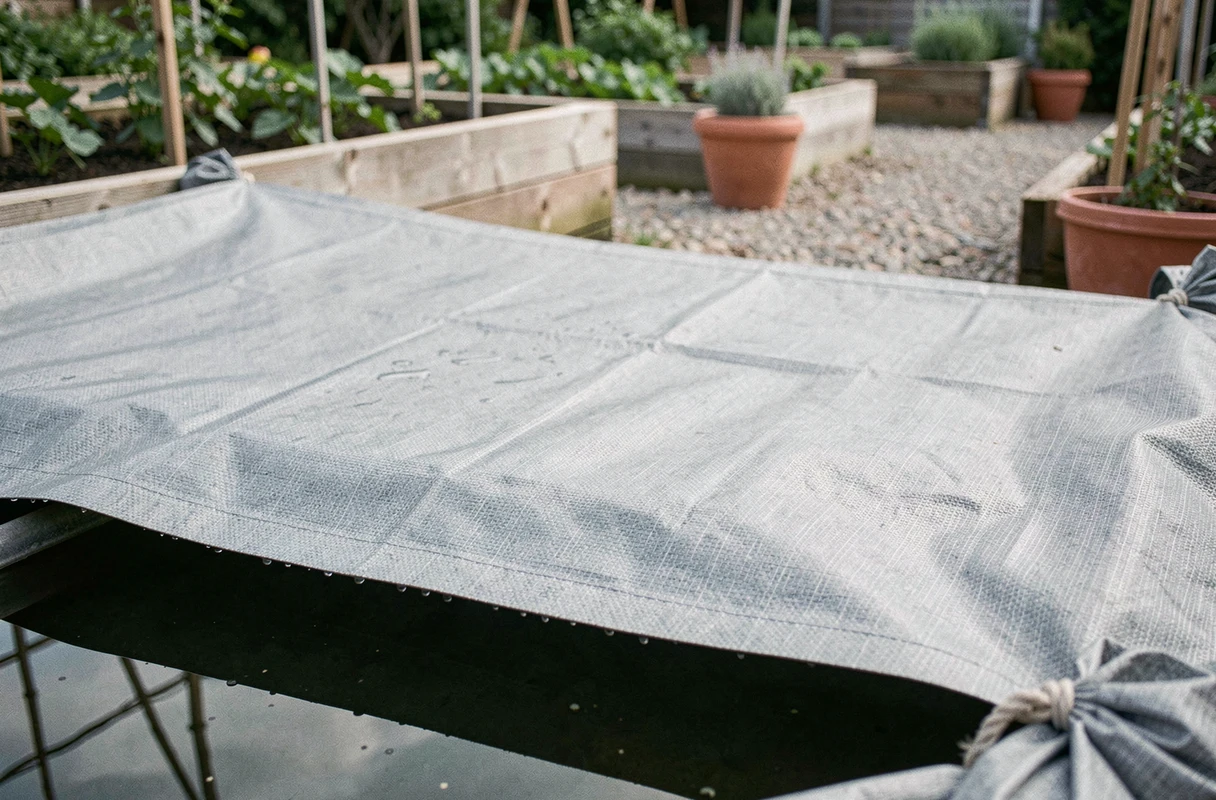 Gros plan sur une bâche géotextile tendue sur un réservoir d'eau de jardin pour réduire l'évaporation