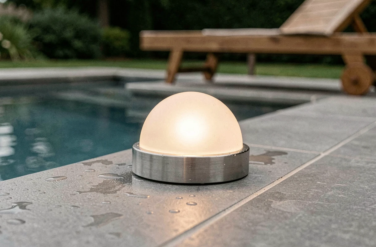 Gros plan d'une borne solaire installée en bordure de piscine avec reflet sur le carrelage mouillé