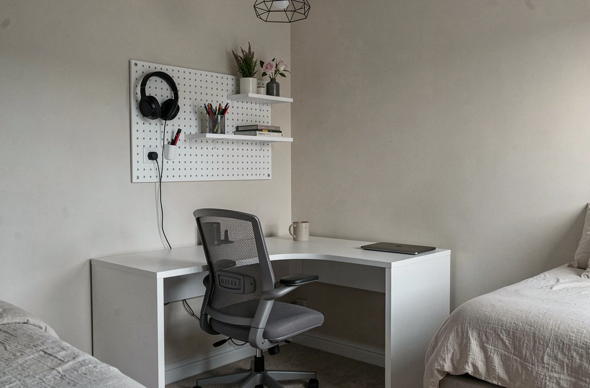 Espace bureau en L aménagé dans un coin de chambre avec pegboard, chaise ergonomique et organisation murale dans une petite pièce