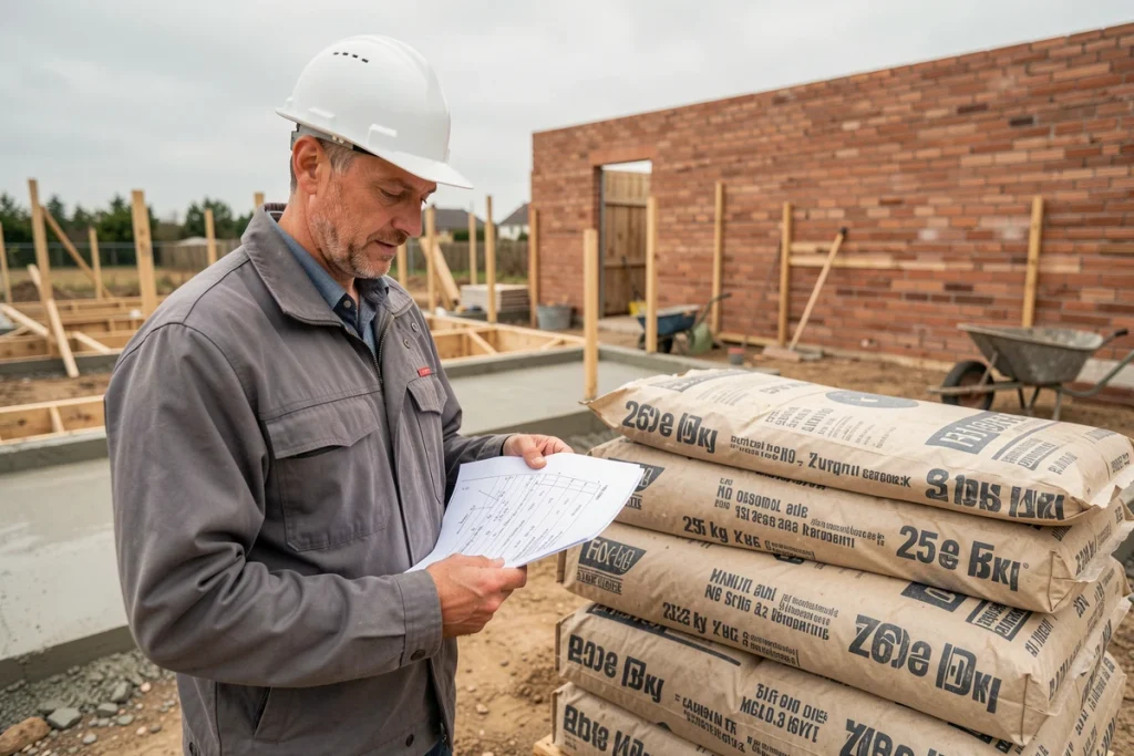 Architecte calculant le nombre de sacs de ciment 25 kg nécessaires sur un chantier de construction résidentielle