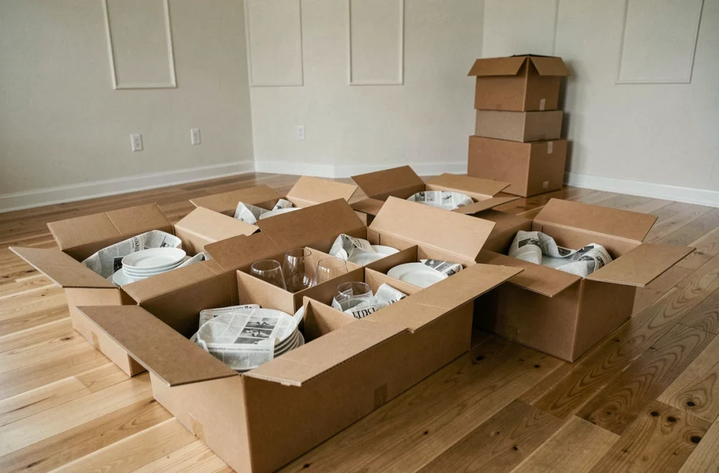 Cartons de vaisselle avec diviseurs intégrés pour protéger verres et assiettes lors d'un déménagement