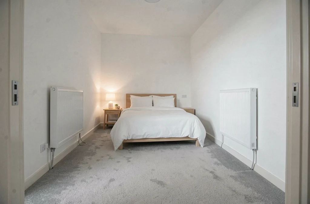 Chambre moderne avec deux radiateurs électriques reliés chacun à une prise dédiée distincte