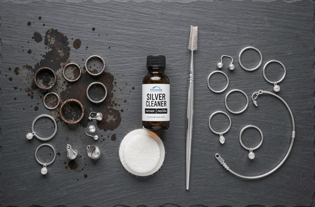 Vue de dessus bijoux en argent ternis et nettoyés côte à côte avec un produit nettoyant en flacon ambré sur ardoise noire