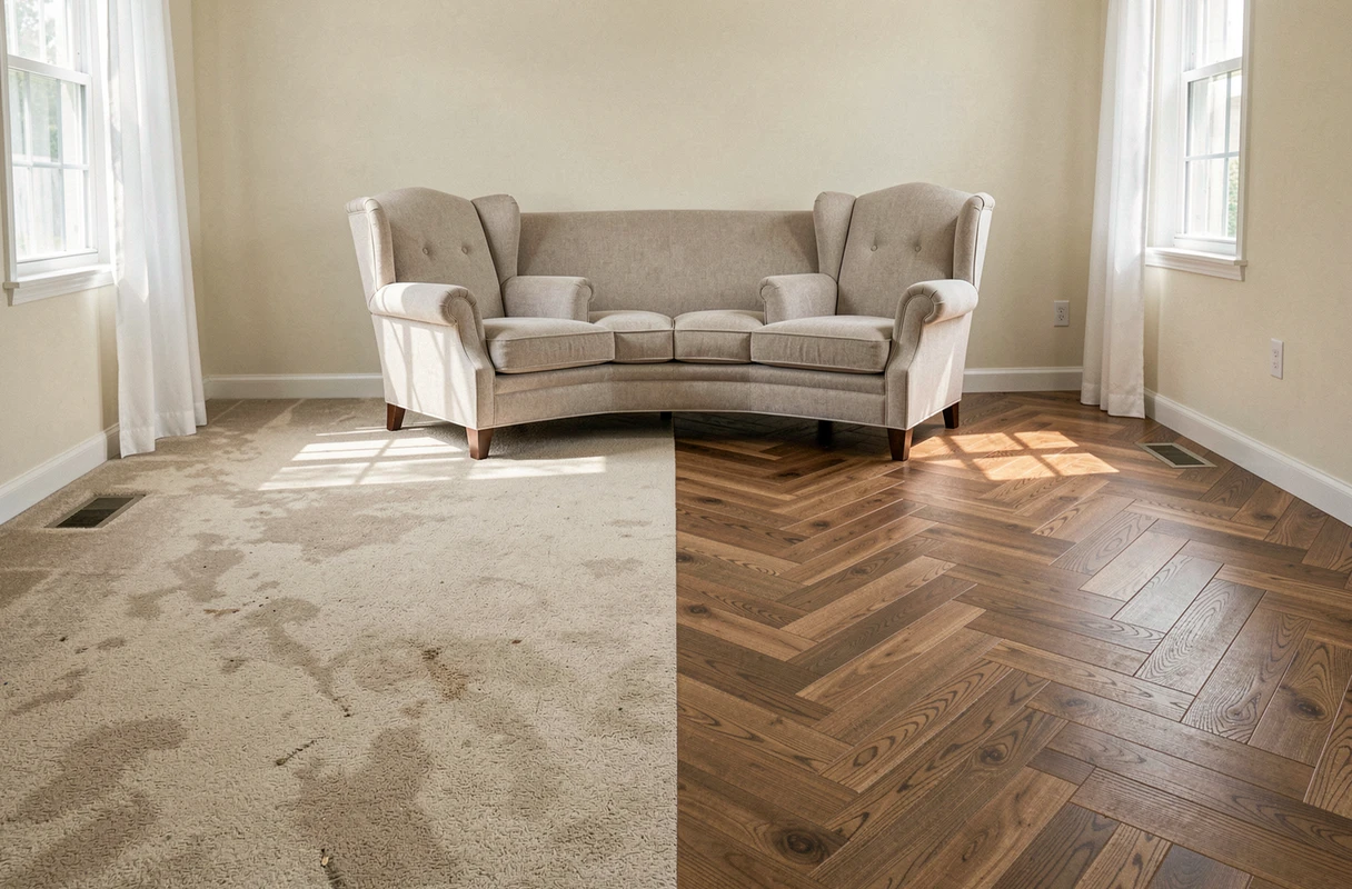 Comparaison avant-après d'un salon avec ancien tapis usé et nouveau sol en vinyle en chevrons couleur noyer