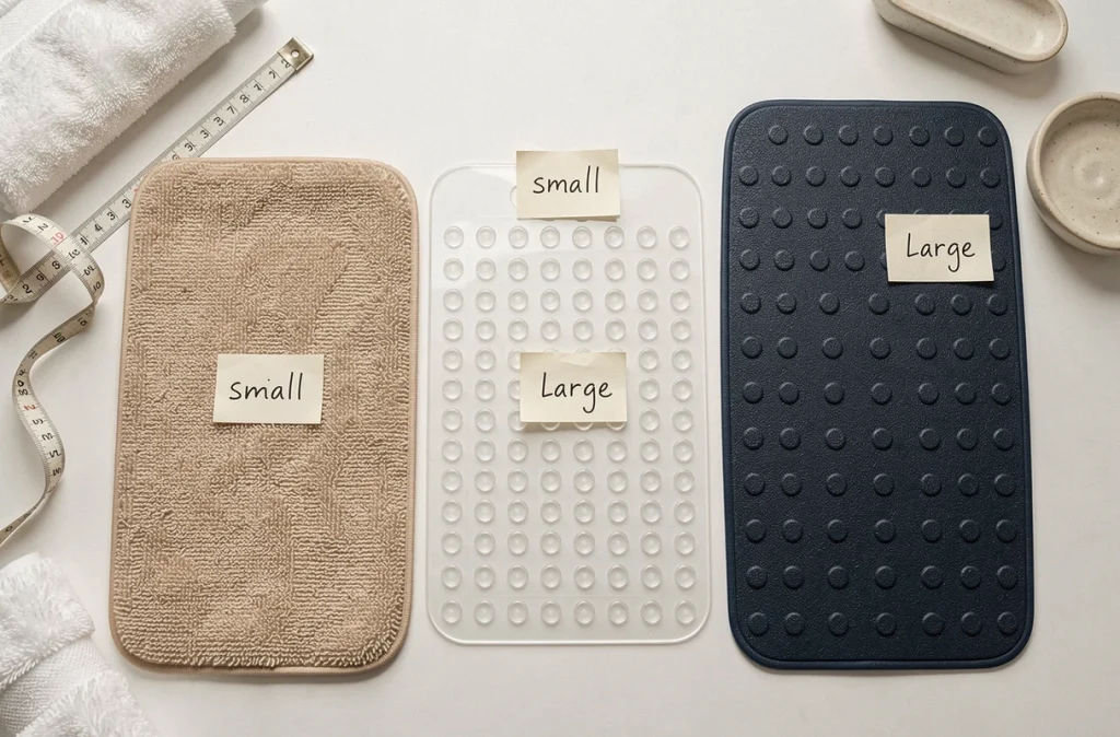 Comparaison de trois tailles de tapis antidérapants de bain posés côte à côte avec un mètre ruban pour guide de choix