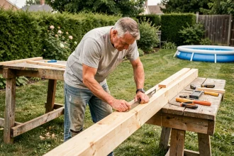 Homme bricolant un abri léger en bois pour petite piscine dans un jardin suburban