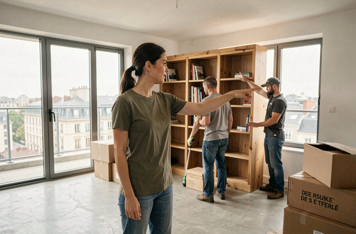 Une femme coordonne des déménageurs dans un appartement lumineux en étage élevé avec vue sur les toits urbains