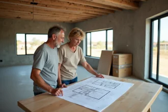 Couple examinant les plans d'une maison plain pied 100m2 en cours de construction pour optimiser le budget travaux