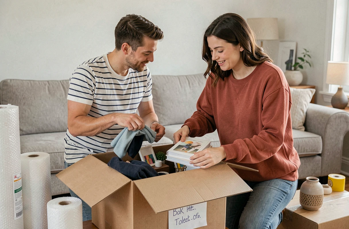 Couple préparant ensemble des cartons de déménagement dans un salon en cours de rangement avec du matériel d'emballage