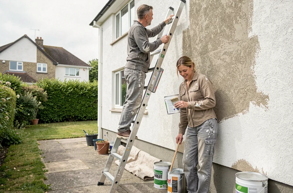 Couple effectuant la peinture extérieure d'une maison avec une peinture écologique silicate, travaux de rénovation DIY en façade