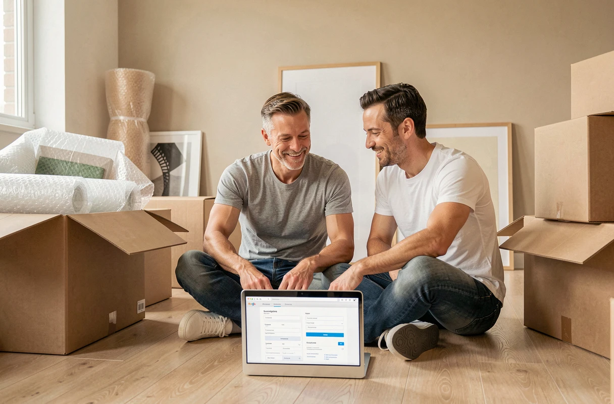 Couple gérant ensemble le transfert de leurs abonnements sur un ordinateur portable au milieu de cartons de déménagement