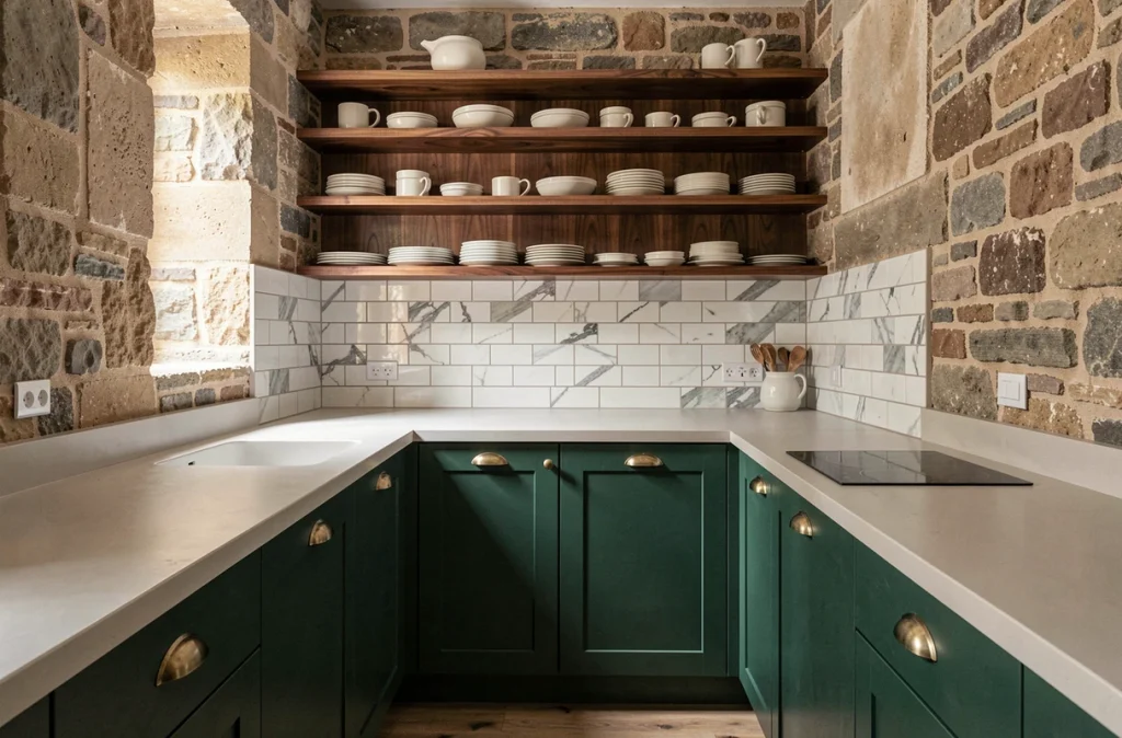 Cuisine rénovée avec cabinetry vert forêt et mur en pierre apparente dans un appartement ancien de Lyon
