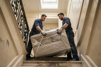 Deux déménageurs professionnels portant un canapé emballé dans un escalier étroit d'un immeuble haussmannien parisien