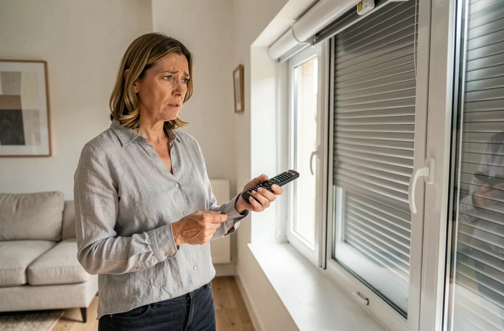 Femme cherchant à dépanner son volet roulant Bubendorff avec la télécommande depuis son salon