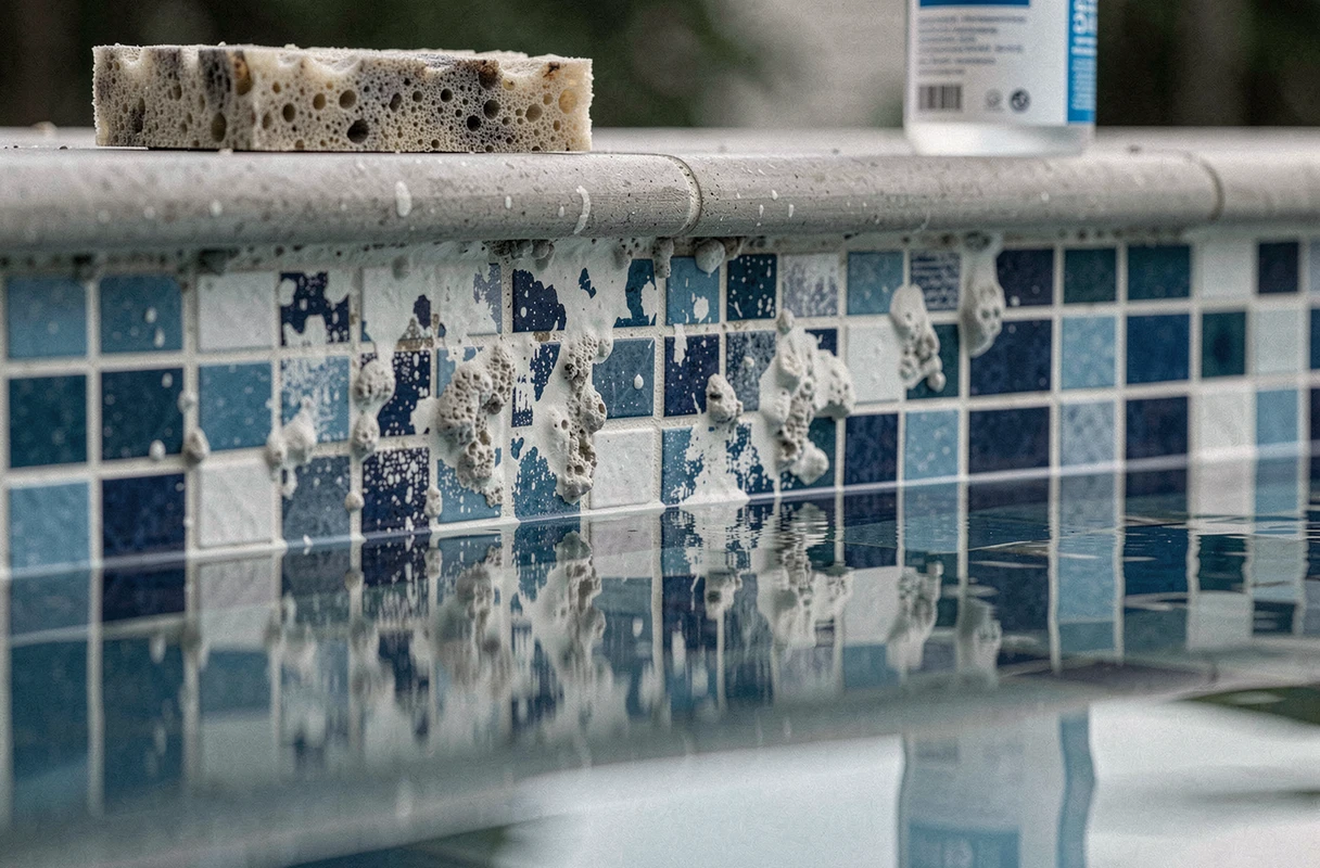 Gros plan sur des dépôts de calcaire incrustés sur les carreaux en mosaïque bleue d'une piscine intérieure