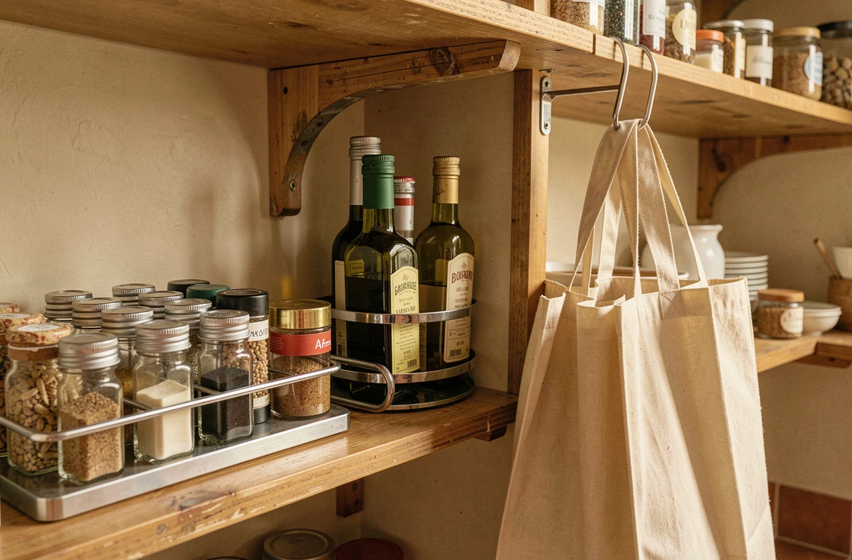 Détail d'une étagère de cellier avec range-épices en verre, plateau tournant et crochets pour sacs réutilisables dans un style méditerranéen