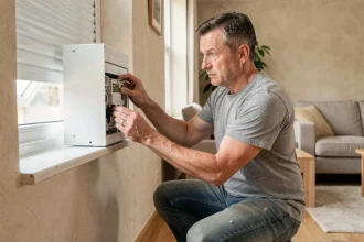 Homme inspectant le caisson d'un volet roulant blanc qui ne remonte plus, diagnostic maison