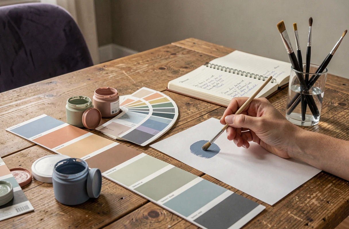 Échantillons de peinture tendance disposés sur une table en chêne pour choisir la couleur des murs du séjour