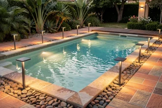 Éclairage solaire autour d'une piscine moderne avec reflets ambrés sur l'eau au crépuscule